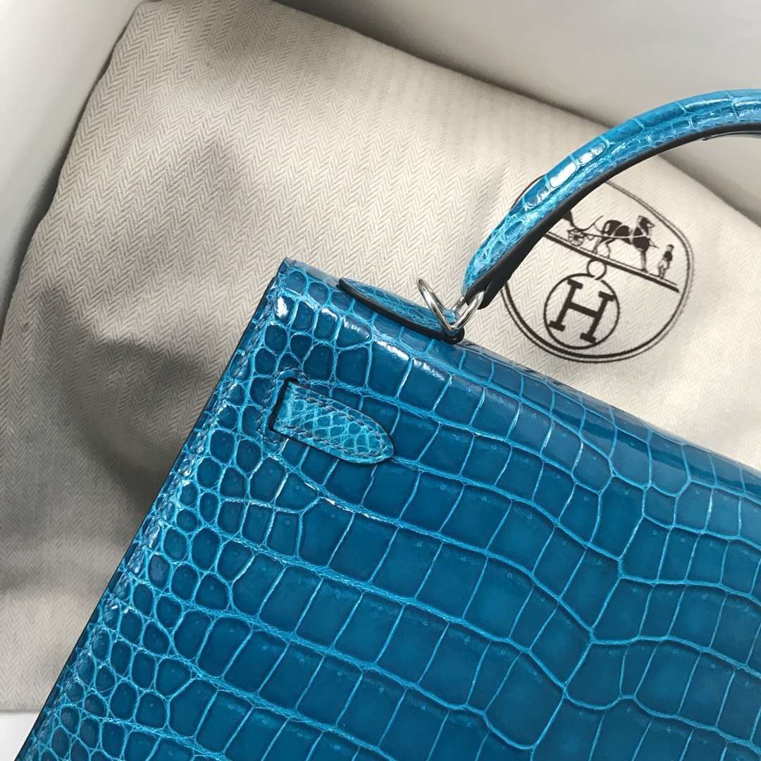 Discount Hermes 7W Blue Izmir Shiny Crocodile Kelly25CM Bag Silver Hardware