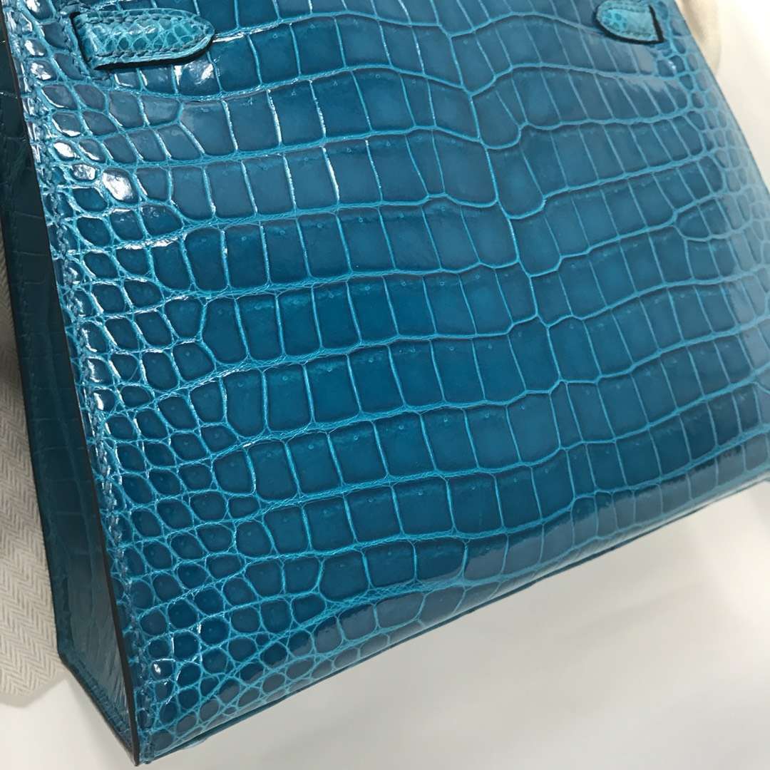 Discount Hermes 7W Blue Izmir Shiny Crocodile Kelly25CM Bag Silver Hardware