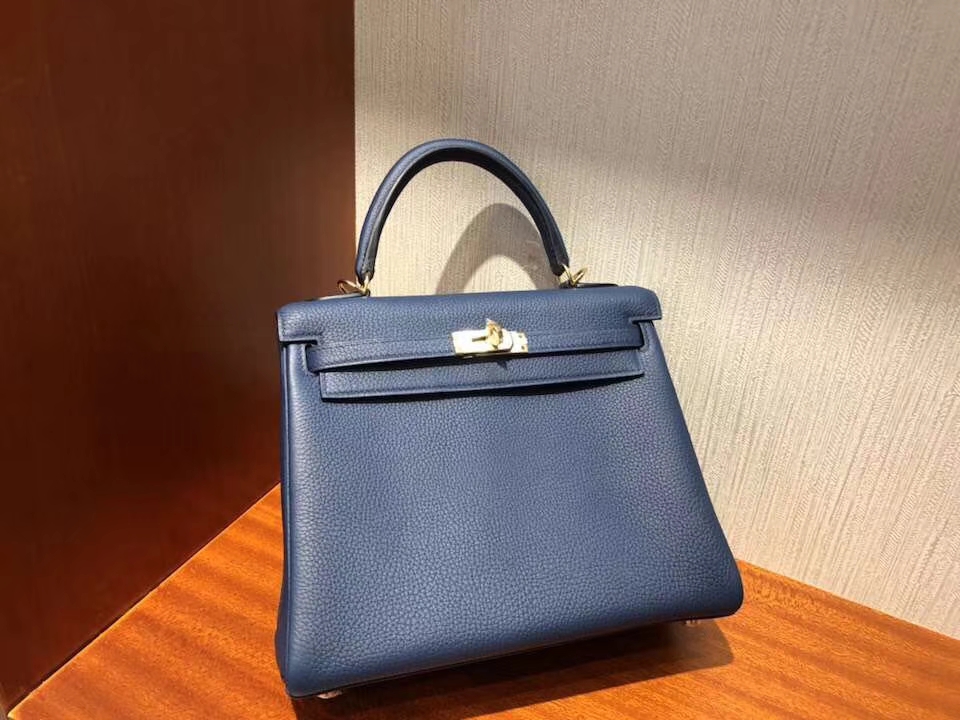 Fashion Hermes Togo Calf Retourne Kelly Bag25CM in 7K Blue Saphir Gold Hardware