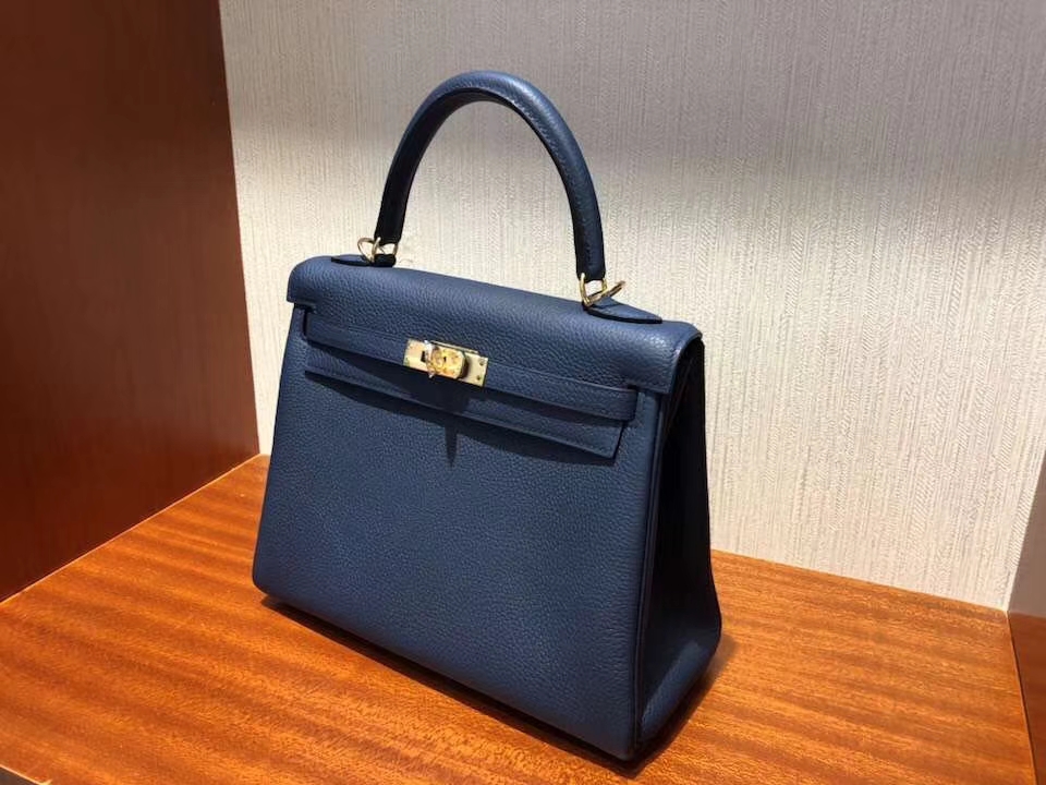 Fashion Hermes Togo Calf Retourne Kelly Bag25CM in 7K Blue Saphir Gold Hardware