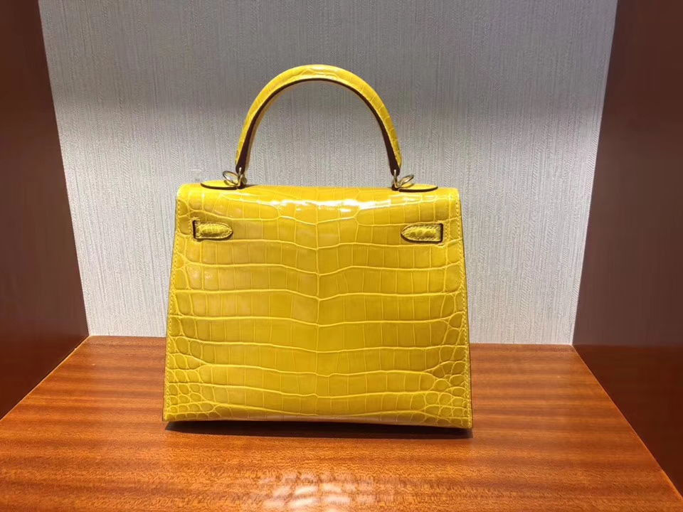 Noble Hermes 9D Ambre Yellow Shiny Crocodile Leather Kelly25CM Bag Gold Hardware