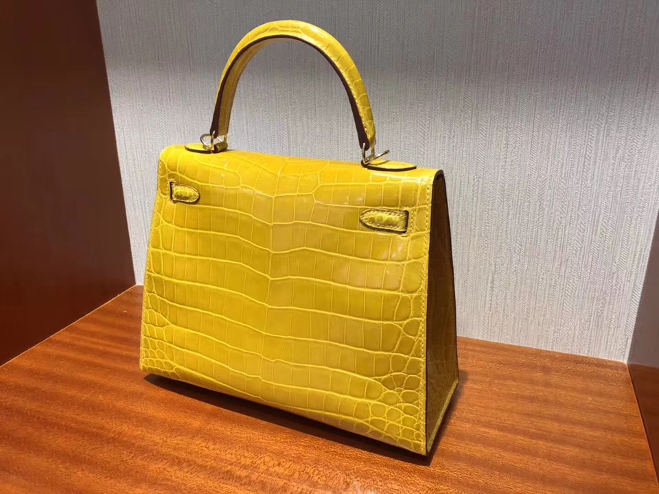 Noble Hermes 9D Ambre Yellow Shiny Crocodile Leather Kelly25CM Bag Gold Hardware