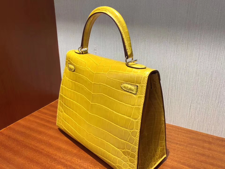 Noble Hermes 9D Ambre Yellow Shiny Crocodile Leather Kelly25CM Bag Gold Hardware