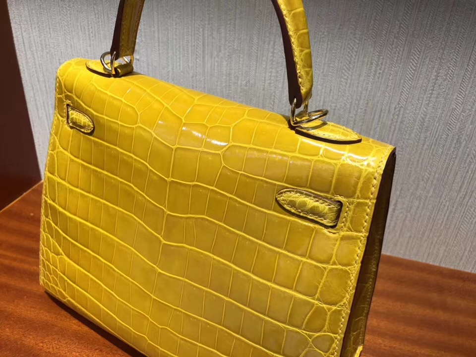 Noble Hermes 9D Ambre Yellow Shiny Crocodile Leather Kelly25CM Bag Gold Hardware