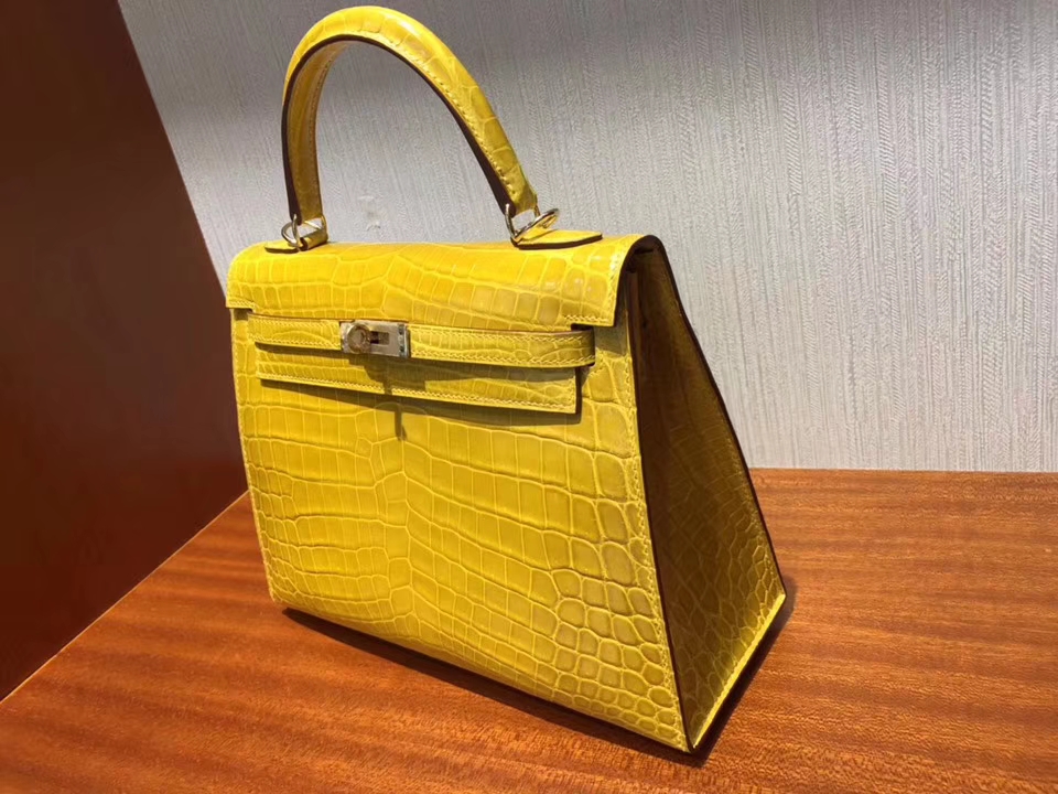 Noble Hermes 9D Ambre Yellow Shiny Crocodile Leather Kelly25CM Bag Gold Hardware