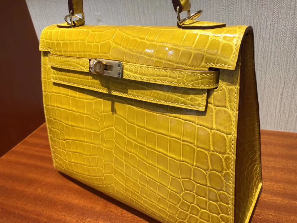 Noble Hermes 9D Ambre Yellow Shiny Crocodile Leather Kelly25CM Bag Gold Hardware
