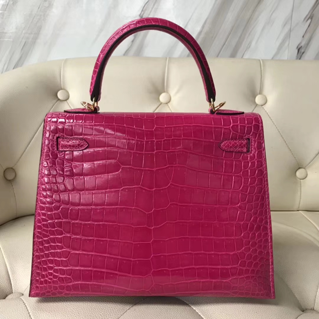 Pretty Hermes Shiny Crocodile Kelly Bag25CM in J5 Rose Scheherazade Gold Hardware