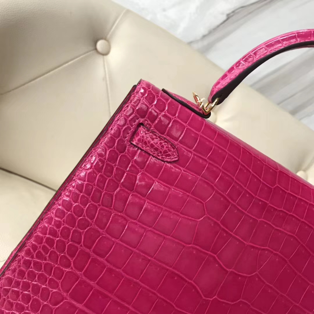 Pretty Hermes Shiny Crocodile Kelly Bag25CM in J5 Rose Scheherazade Gold Hardware