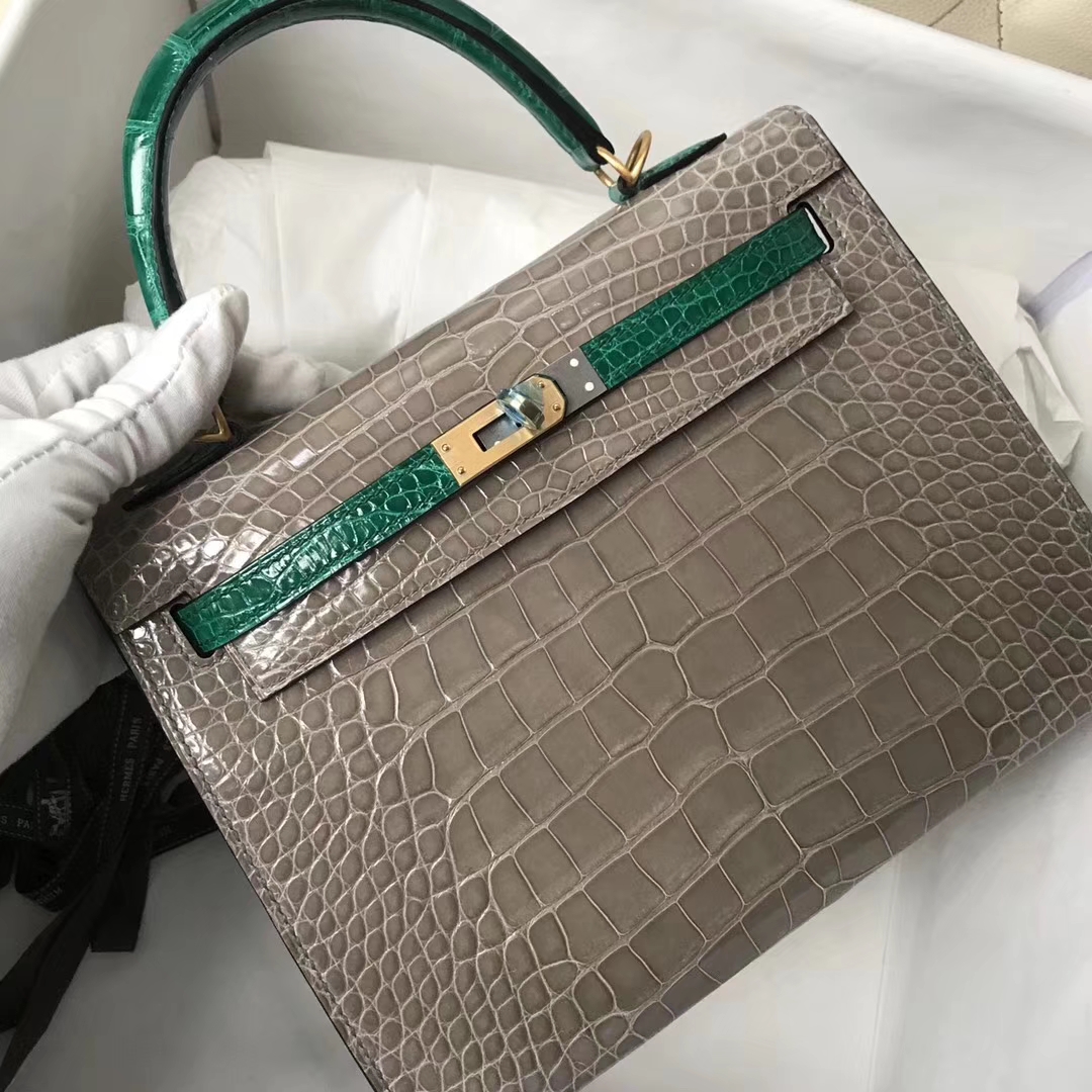 Luxury Hermes CK81 Gris Tourterelle/6Q Emerald Green Shiny Crocodile Kelly Bag25CM Gold Hardware