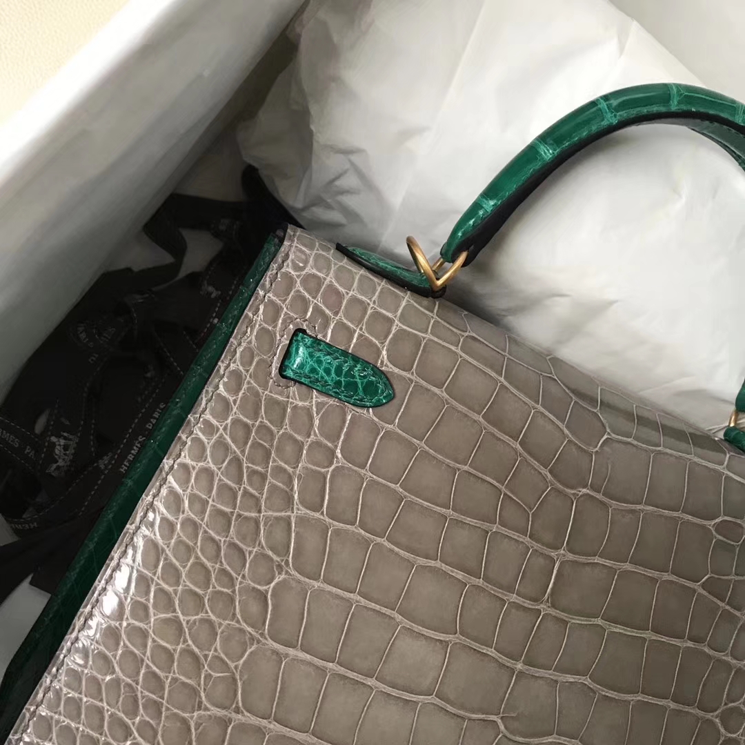 Luxury Hermes CK81 Gris Tourterelle/6Q Emerald Green Shiny Crocodile Kelly Bag25CM Gold Hardware