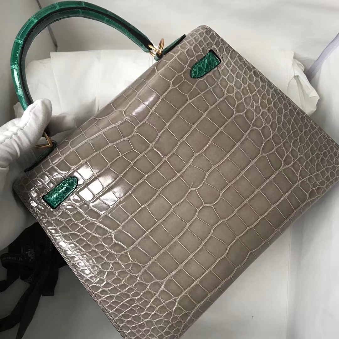 Luxury Hermes CK81 Gris Tourterelle/6Q Emerald Green Shiny Crocodile Kelly Bag25CM Gold Hardware
