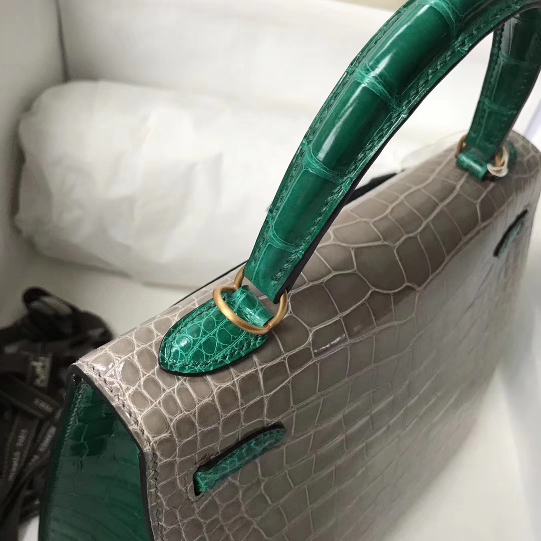 Luxury Hermes CK81 Gris Tourterelle/6Q Emerald Green Shiny Crocodile Kelly Bag25CM Gold Hardware