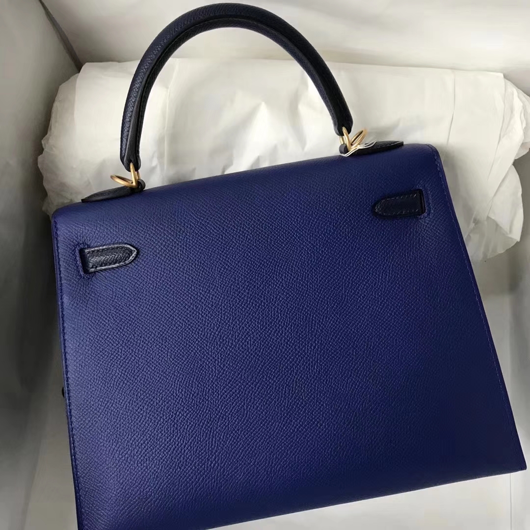 Discount Hermes Epsom Calf Kelly25CM Bag in 7T Blue Electric &#038; Dark Blue Gold Hardware