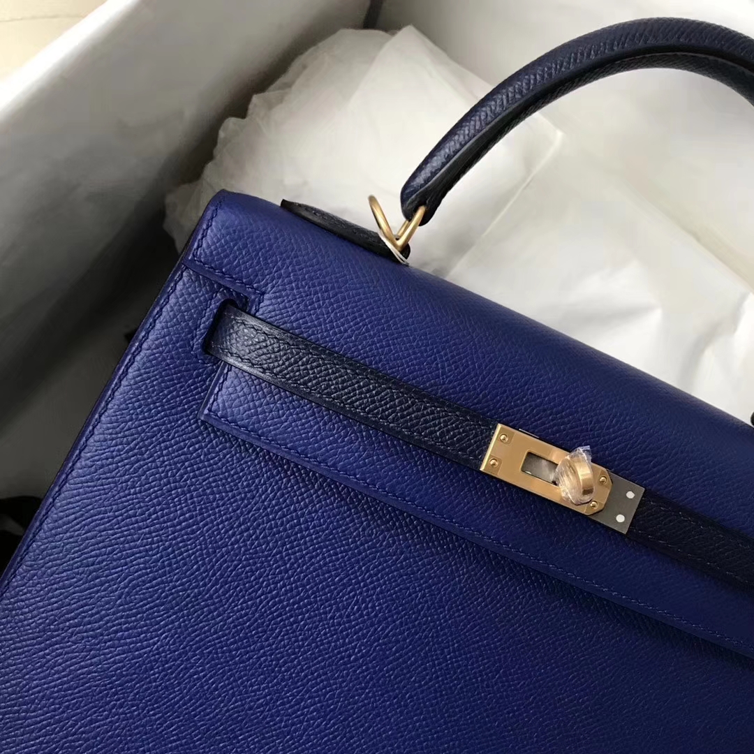 Discount Hermes Epsom Calf Kelly25CM Bag in 7T Blue Electric &#038; Dark Blue Gold Hardware