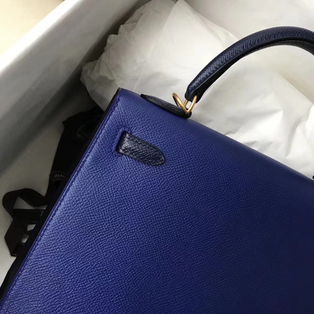 Discount Hermes Epsom Calf Kelly25CM Bag in 7T Blue Electric &#038; Dark Blue Gold Hardware