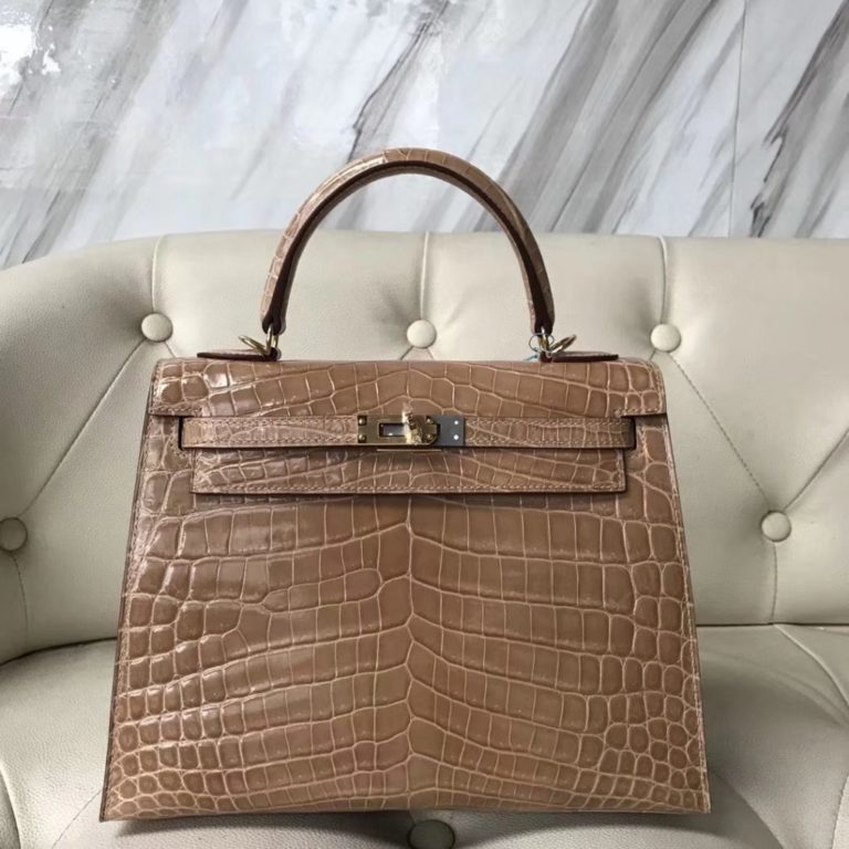 Hermes 1C Light Apricot Shiny Nilo Crocodile Kelly 25CM Gold Hardware