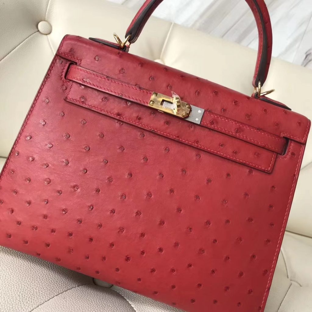 Pretty Hermes Q5 Rouge Casaque Ostrich Leather Kelly25CM Tote Bag Gold Hardware