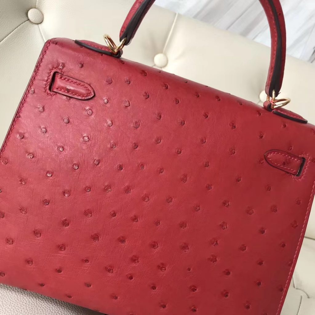 Pretty Hermes Q5 Rouge Casaque Ostrich Leather Kelly25CM Tote Bag Gold Hardware