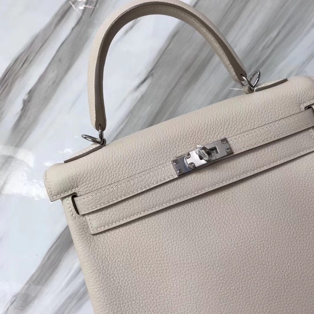 Fashion Hermes Togo Calf Retourne Kelly25CM Handbag in CK10 Craie White Silver Hardware