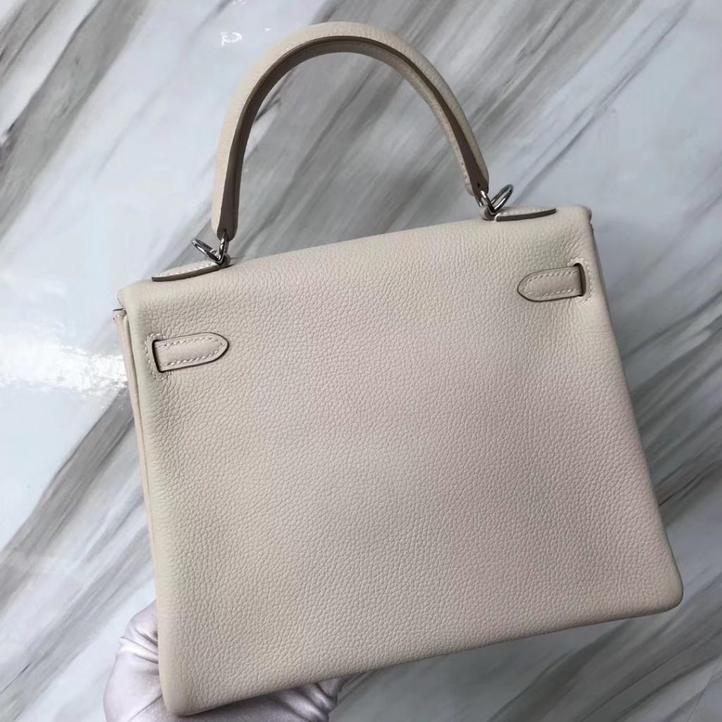 Fashion Hermes Togo Calf Retourne Kelly25CM Handbag in CK10 Craie White Silver Hardware