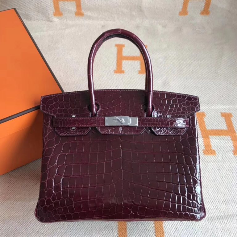 Hermes Bordeaux Red Crocodile Shiny Leather Birkin 30CM Handbag