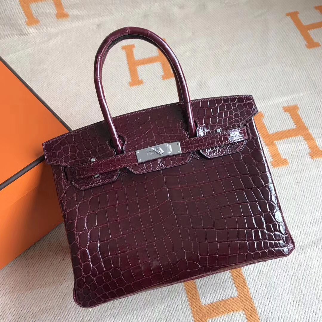 New Hermes Bordeaux Red Crocodile Shiny Leather Birkin30CM Handbag