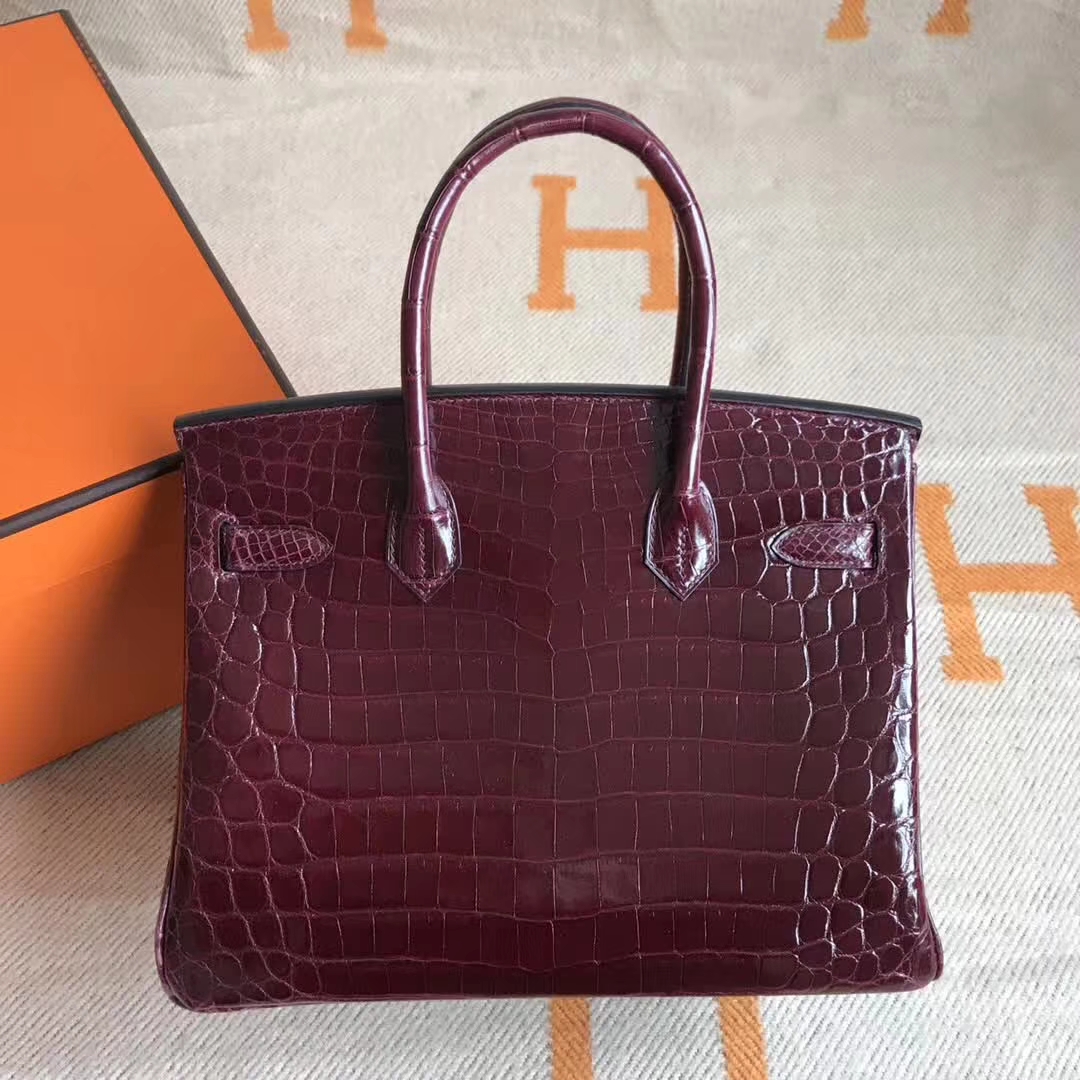 New Hermes Bordeaux Red Crocodile Shiny Leather Birkin30CM Handbag