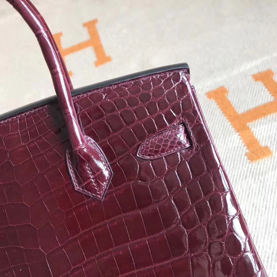 New Hermes Bordeaux Red Crocodile Shiny Leather Birkin30CM Handbag