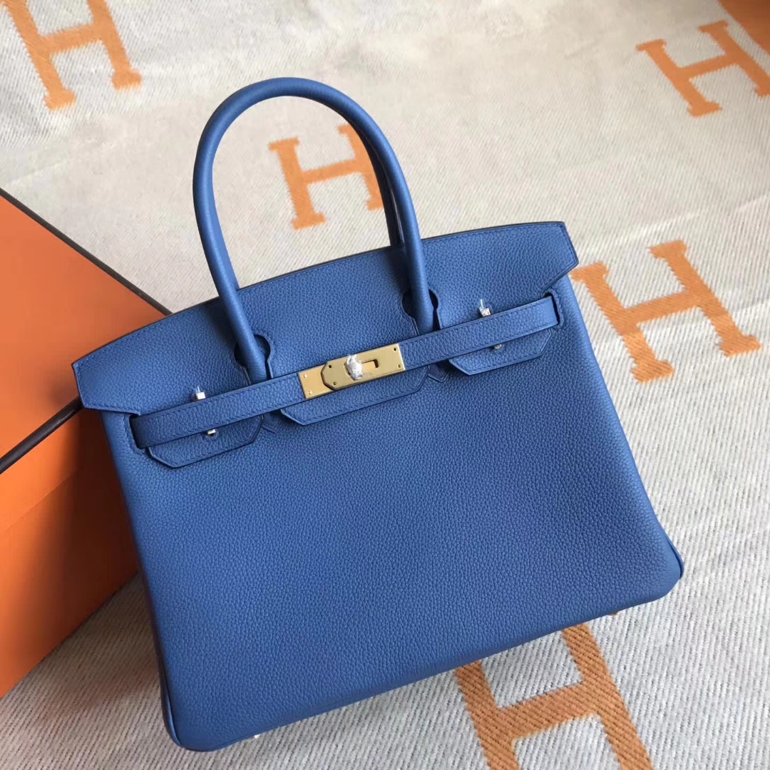 Wholesale Hermes 7W Blue Izmir Togo Calfskin Birkin Bag30CM Gold Hardware
