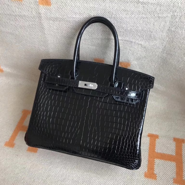 Hermes CK89 Black Shiny Porosus Leather Birkin 30CM Bag
