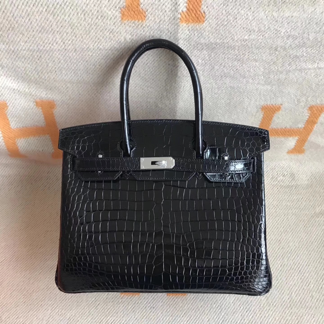 Discount Hermes CK89 Black Shiny Porosus Leather Birkin30CM Bag