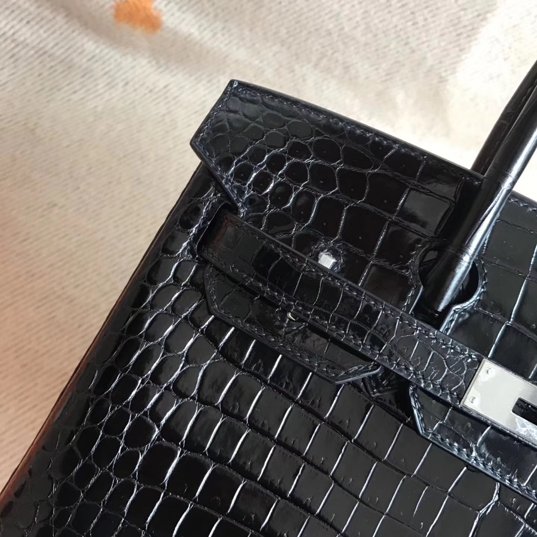 Discount Hermes CK89 Black Shiny Porosus Leather Birkin30CM Bag