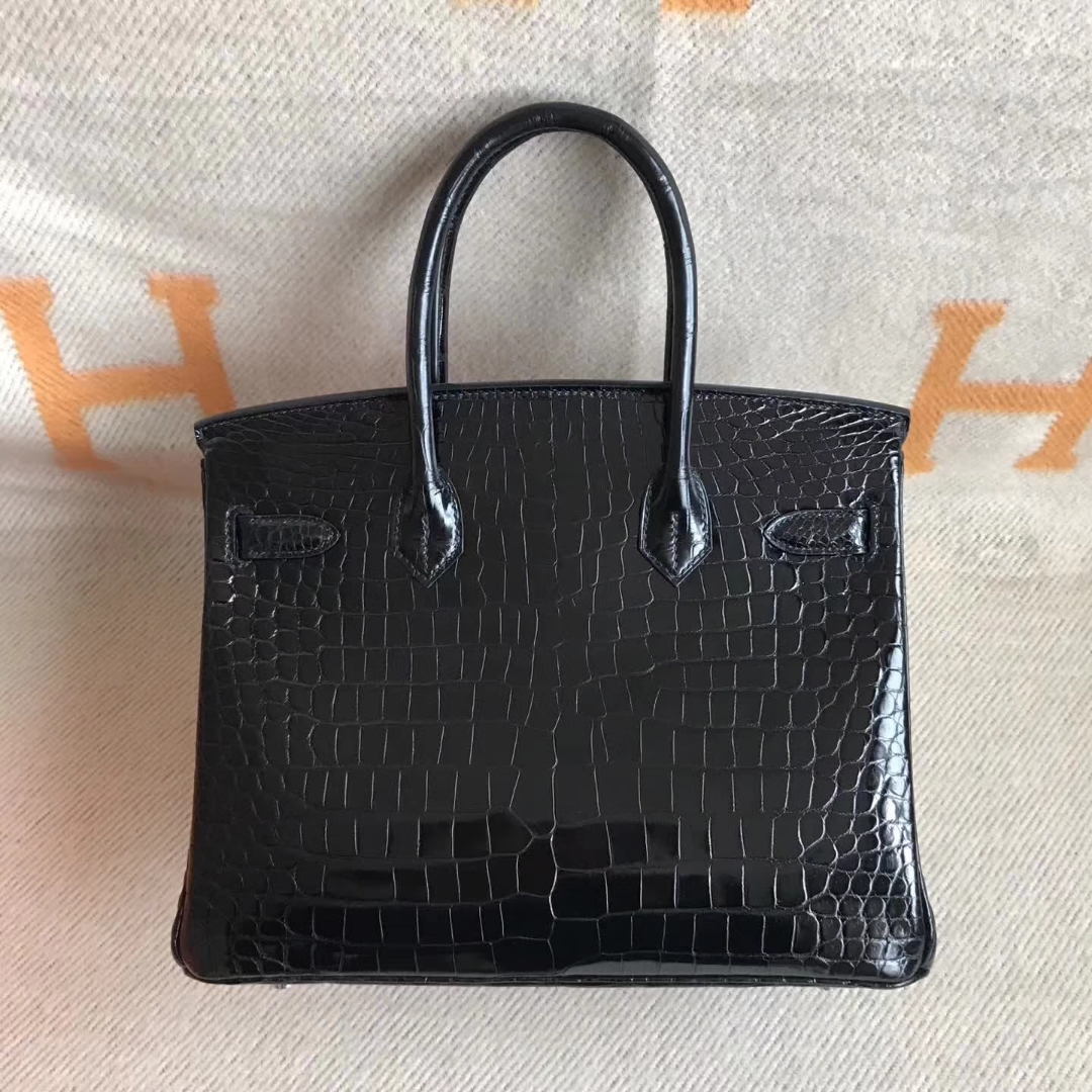 Discount Hermes CK89 Black Shiny Porosus Leather Birkin30CM Bag