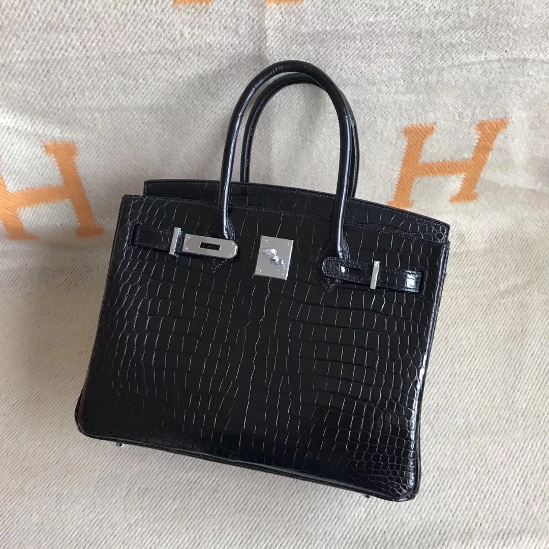 Discount Hermes CK89 Black Shiny Porosus Leather Birkin30CM Bag