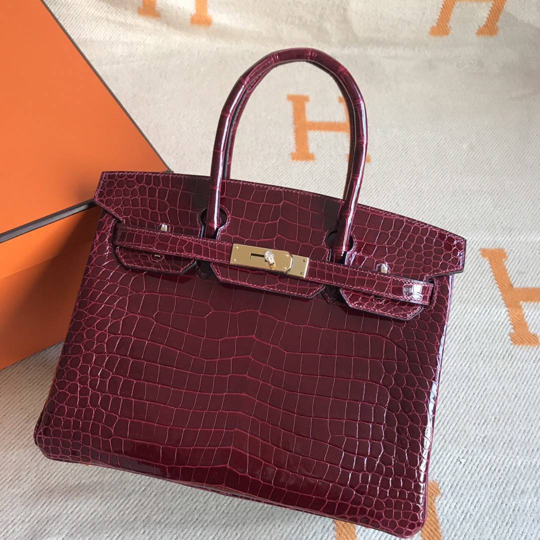 Luxury Hermes Shiny Porosus Birkin Bag30CM in CK57 Bordeaux Gold Hardware