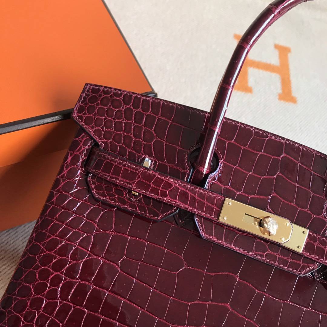 Luxury Hermes Shiny Porosus Birkin Bag30CM in CK57 Bordeaux Gold Hardware