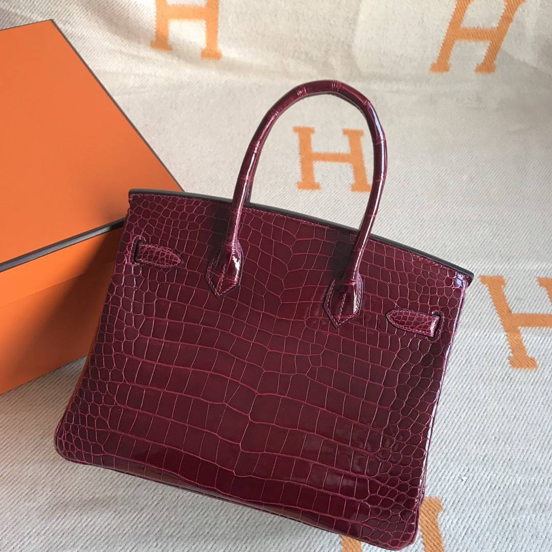 Luxury Hermes Shiny Porosus Birkin Bag30CM in CK57 Bordeaux Gold Hardware