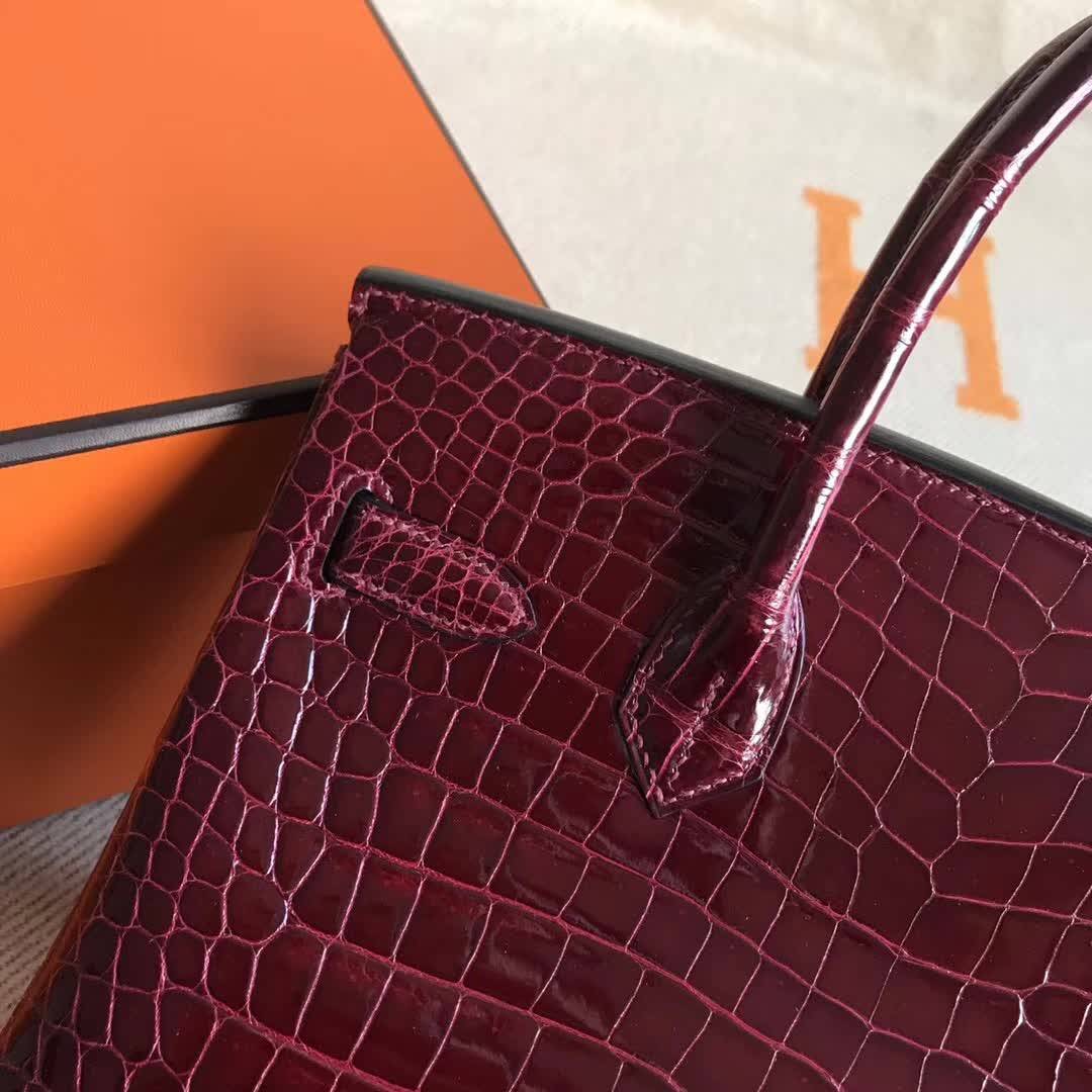 Luxury Hermes Shiny Porosus Birkin Bag30CM in CK57 Bordeaux Gold Hardware