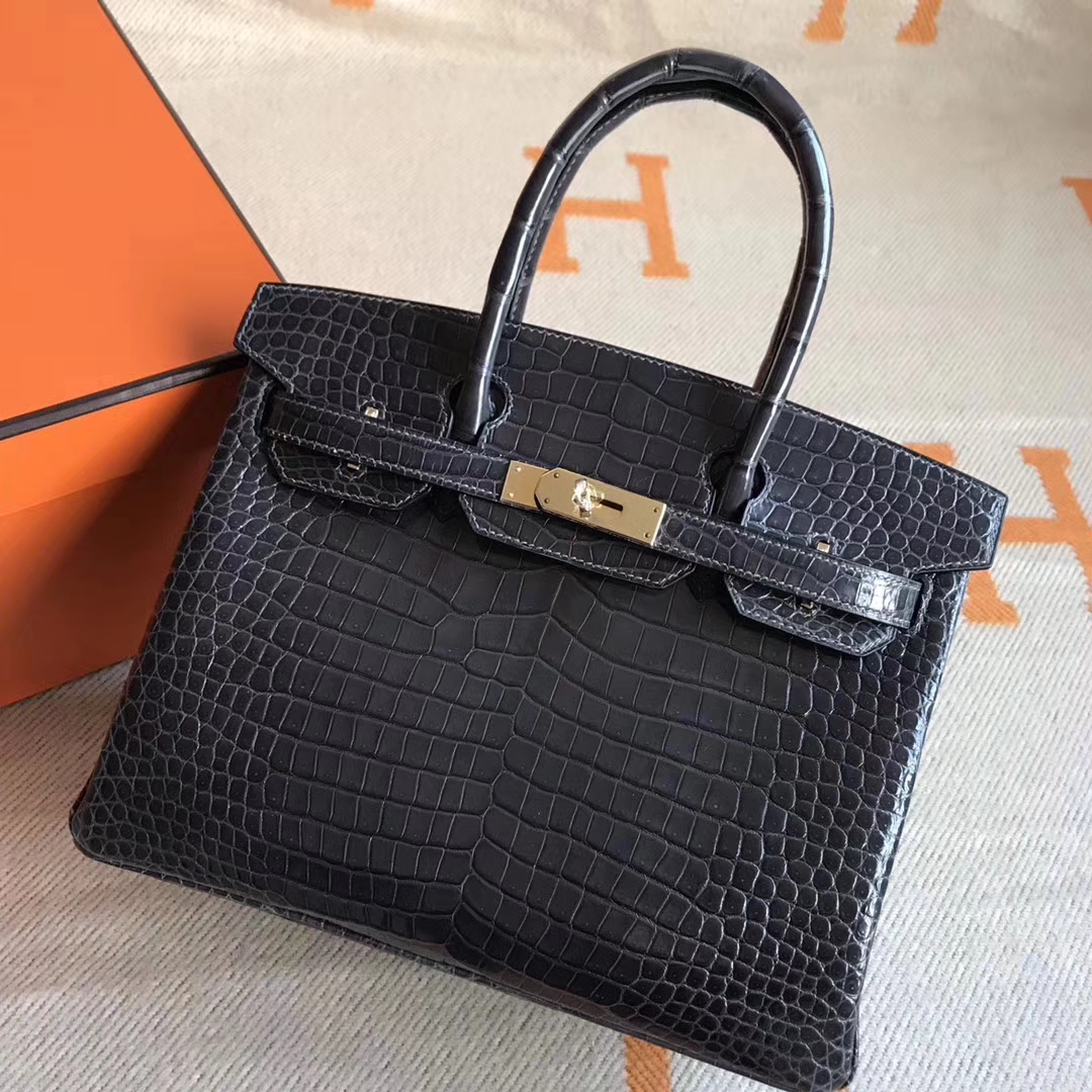 Elegant Hermes Graphite Grey Porosus Crocodile Birkin30CM Bag Gold Hardware