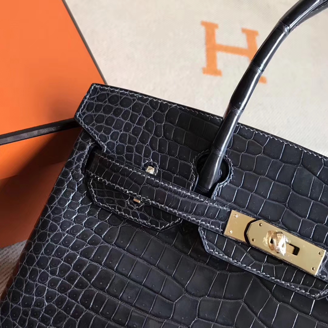 Elegant Hermes Graphite Grey Porosus Crocodile Birkin30CM Bag Gold Hardware
