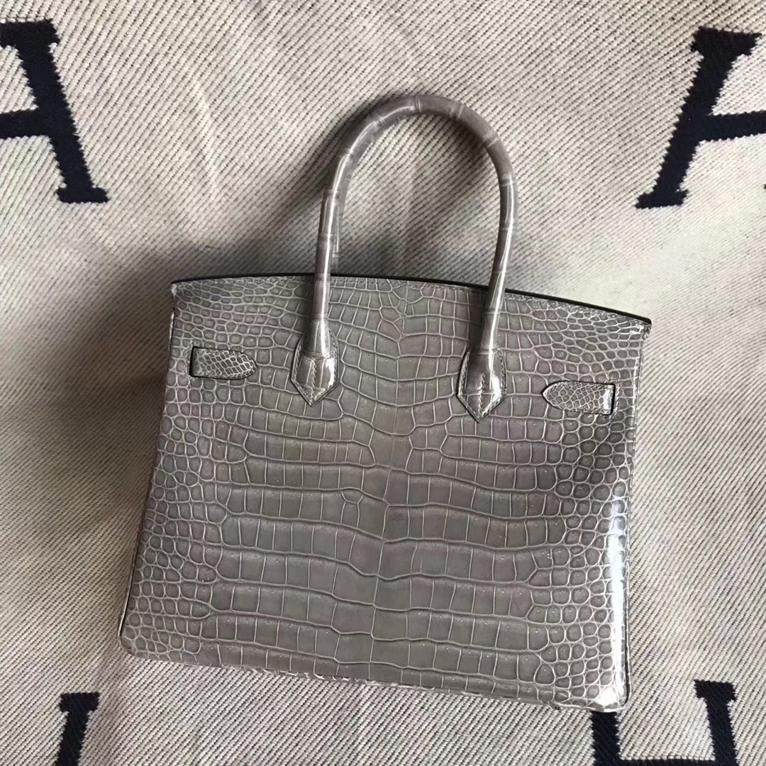 Wholesale Hermes CK81 Gris Tourterelle Shiny Crocodile Leather Birkin Bag30cm