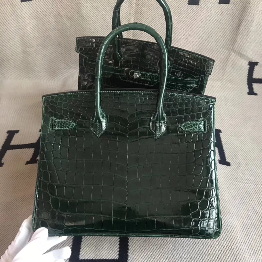 Luxury Hermes CK67 Vert Fonce Crocodile Shiny Leather Birkin30CM Tote Bag