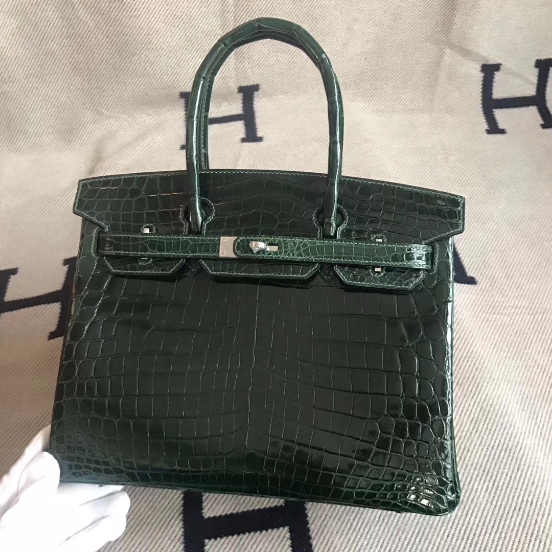 Luxury Hermes CK67 Vert Fonce Crocodile Shiny Leather Birkin30CM Tote Bag