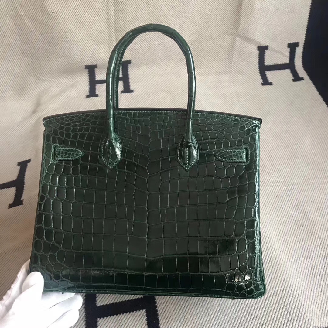 Luxury Hermes CK67 Vert Fonce Crocodile Shiny Leather Birkin30CM Tote Bag