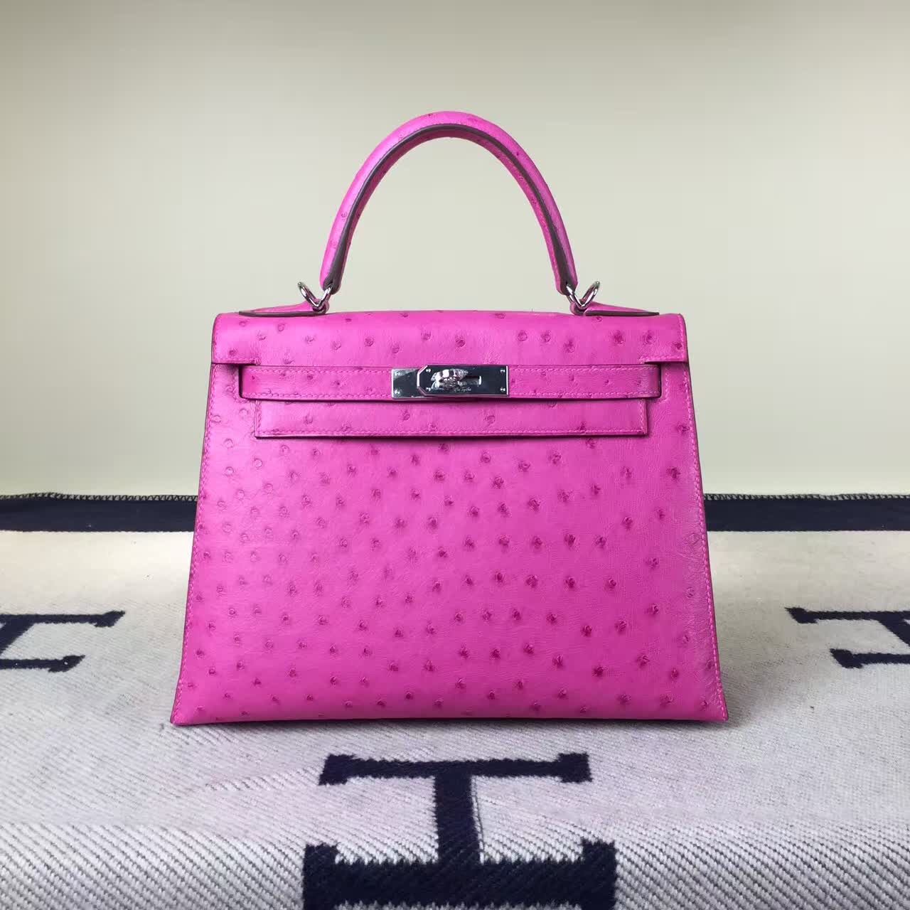 New Fashion Hermes J5 Rose Scheherazade Ostrich Leather Kelly Bag28CM