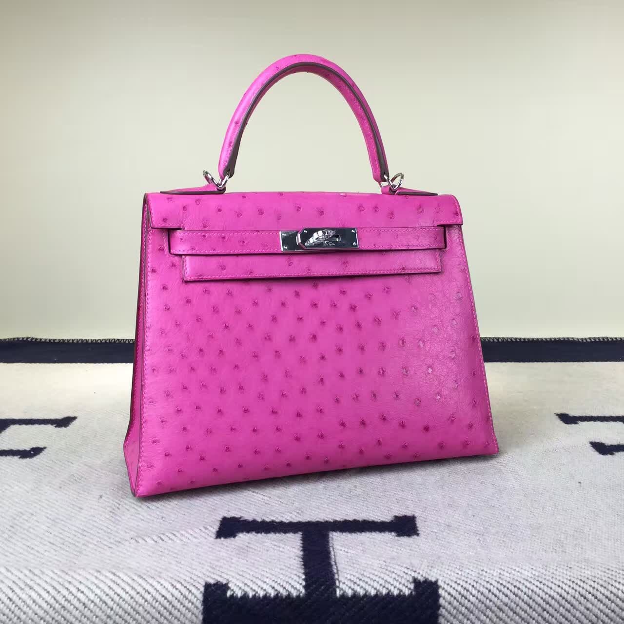 New Fashion Hermes J5 Rose Scheherazade Ostrich Leather Kelly Bag28CM