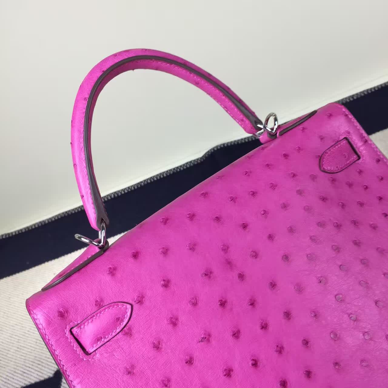 New Fashion Hermes J5 Rose Scheherazade Ostrich Leather Kelly Bag28CM