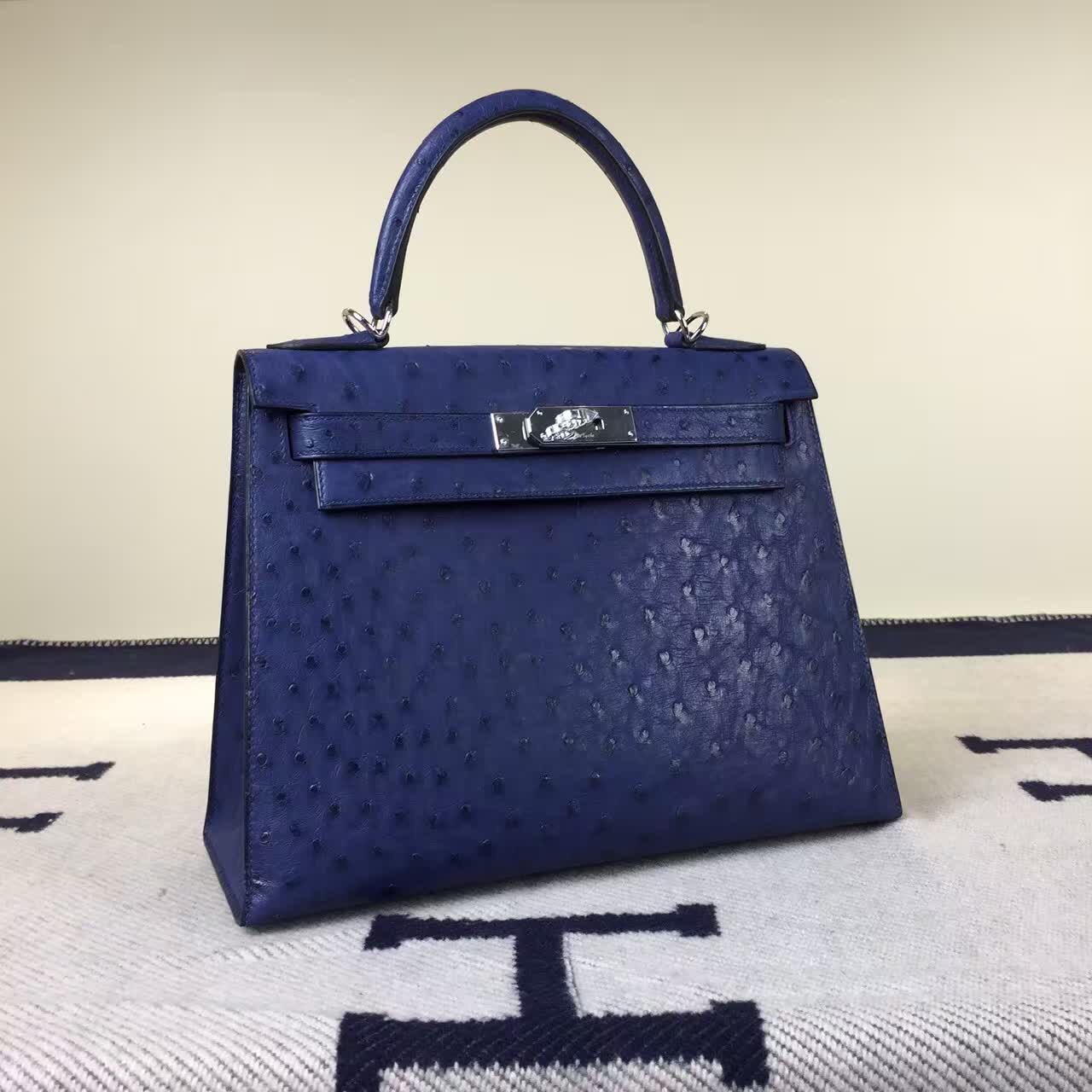 On Sale Hermes 73 Blue Saphir Ostrich Leather Sellier Kelly Bag28CM