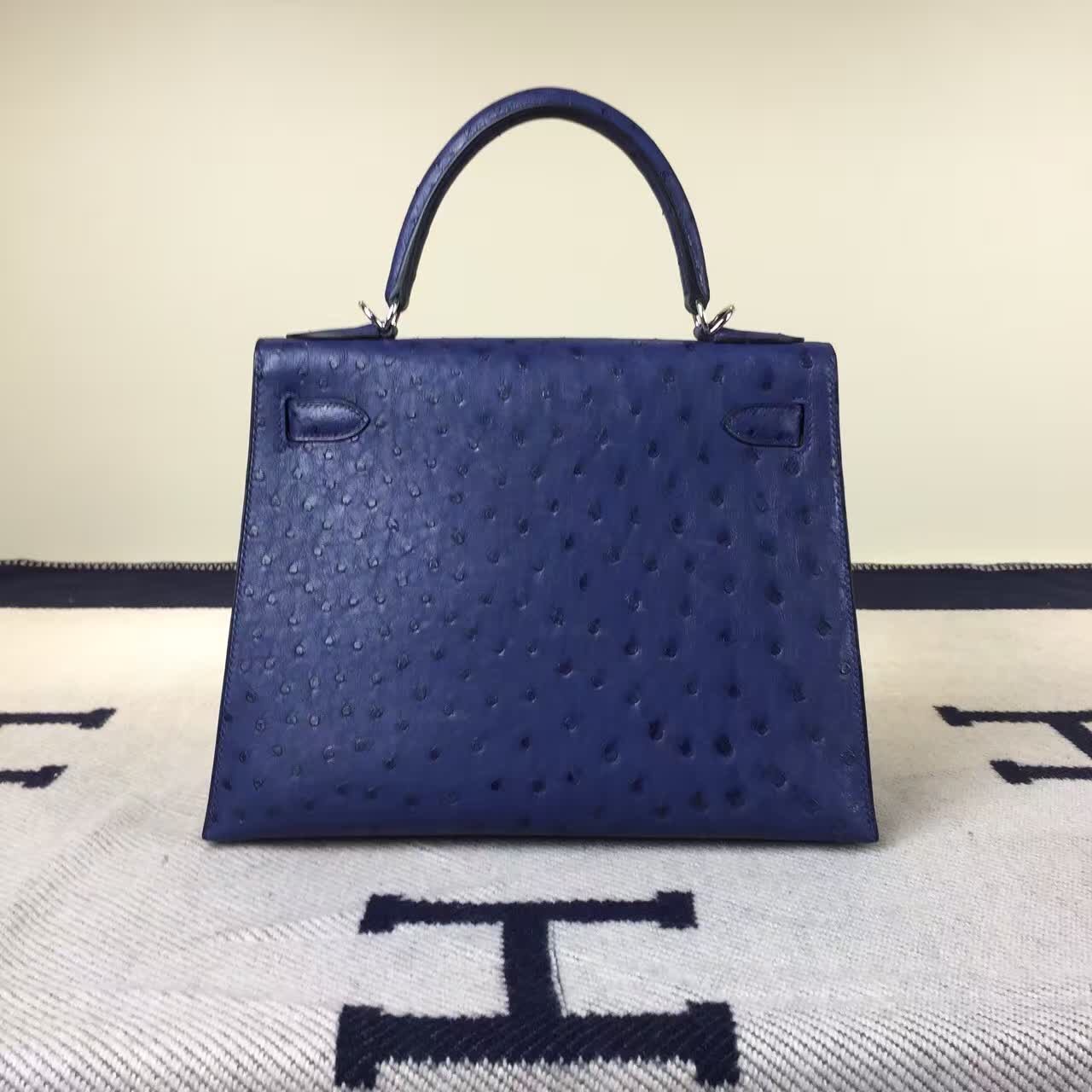 On Sale Hermes 73 Blue Saphir Ostrich Leather Sellier Kelly Bag28CM