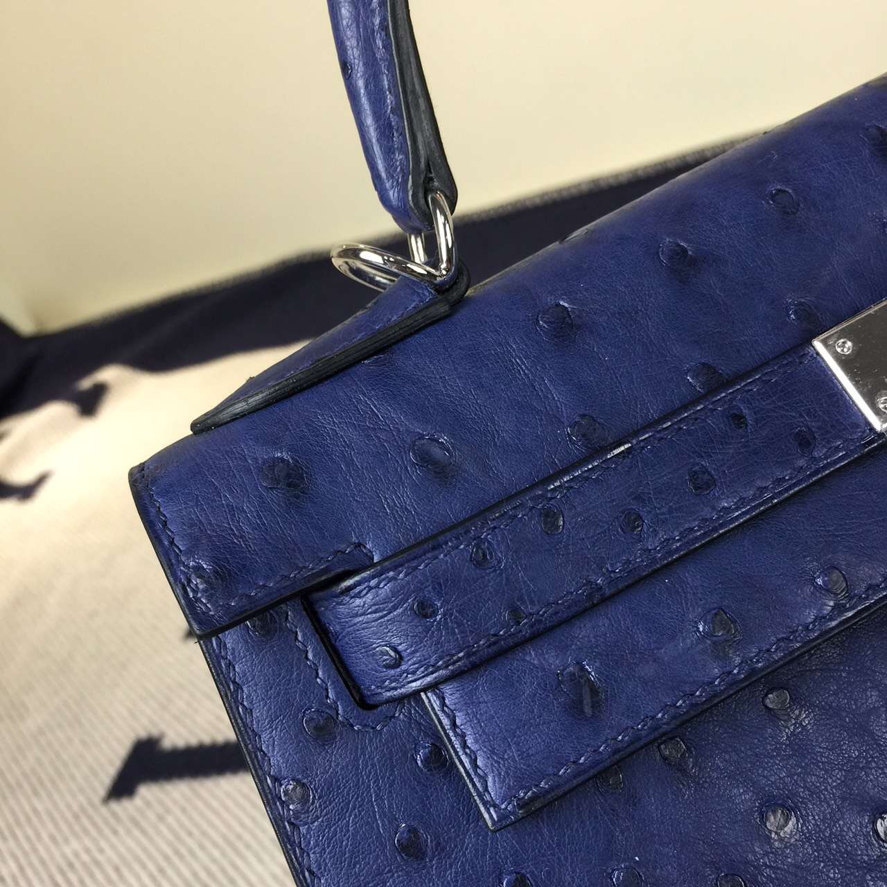 On Sale Hermes 73 Blue Saphir Ostrich Leather Sellier Kelly Bag28CM